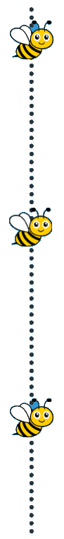 Three cartoon bees with yellow and black stripes, white wings, and smiling blue eyes arranged vertically along a dotted white flight path on a black background
